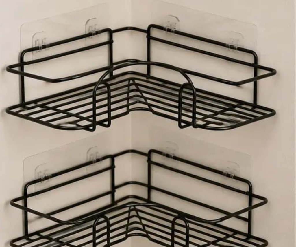 2-Tier Corner Bathroom Shelf – Self-Adhesive Rustproof Metal Shower Organizer (Black)