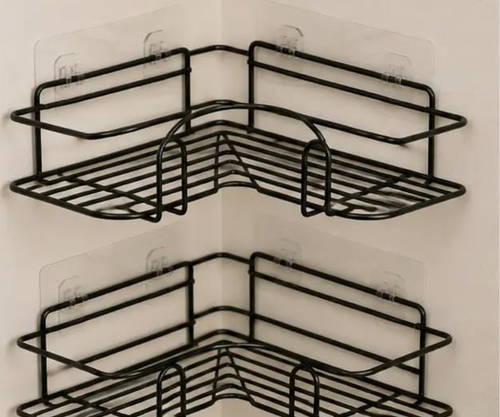 2-Tier Corner Bathroom Shelf – Self-Adhesive Rustproof Metal Shower Organizer (Black)