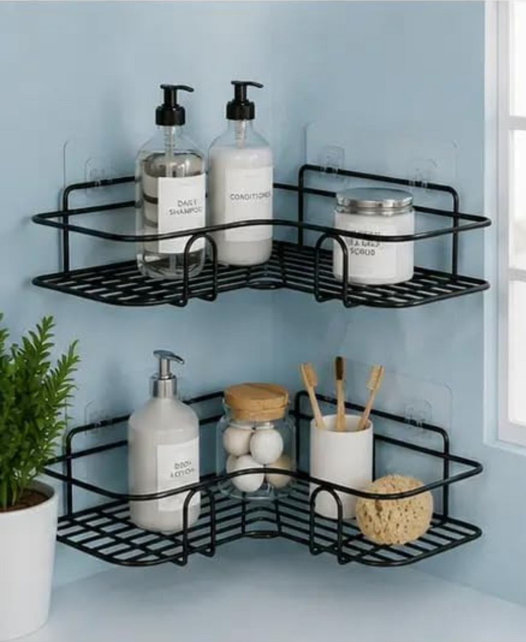 2-Tier Corner Bathroom Shelf – Self-Adhesive Rustproof Metal Shower Organizer (Black)