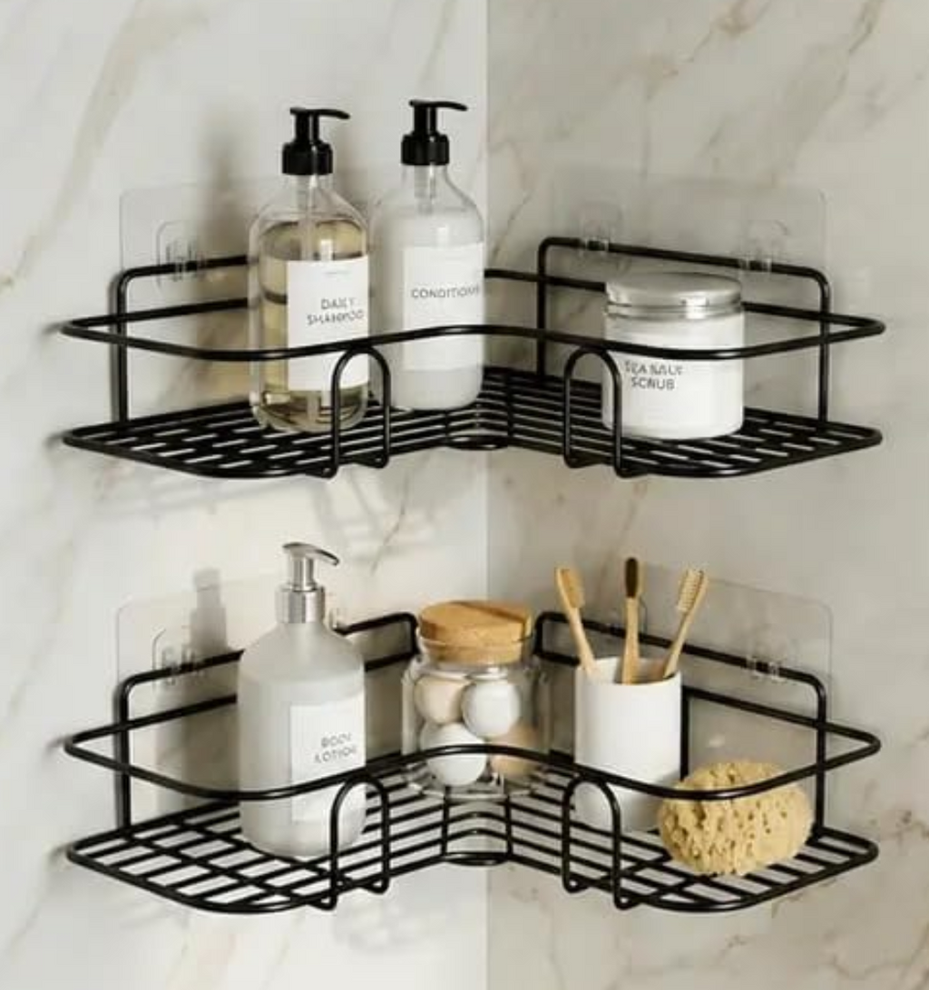 2-Tier Corner Bathroom Shelf – Self-Adhesive Rustproof Metal Shower Organizer (Black)