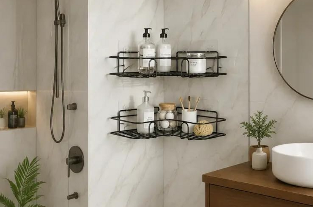 2-Tier Corner Bathroom Shelf – Self-Adhesive Rustproof Metal Shower Organizer (Black)