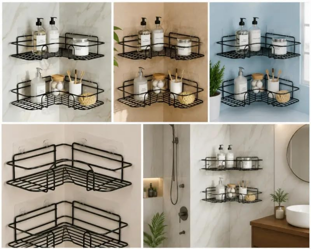 2-Tier Corner Bathroom Shelf – Self-Adhesive Rustproof Metal Shower Organizer (Black)